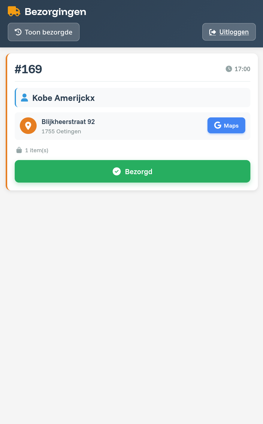 MM Delivery — scherm Bezorgingen: bestelling met klant, adres, route naar Maps en knop Bezorgd